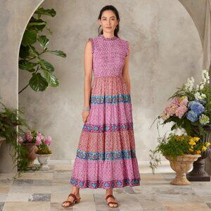 NWT $298 Oliphant Sundance Catalog SMOCKED MAXI TETON MAGENTA Dress XS